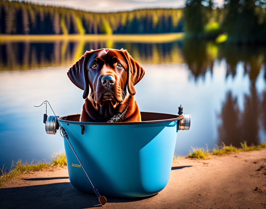 Brown Dog Fishing in Blue Tub by Serene Lake