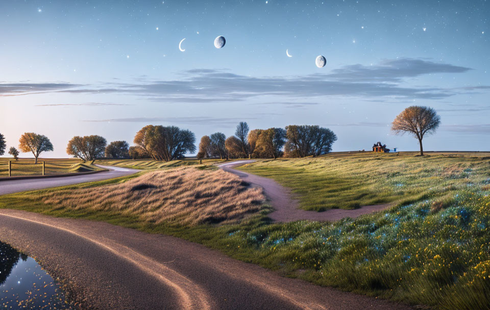 Tranquil Twilight Landscape with Winding Road and Triple Moon