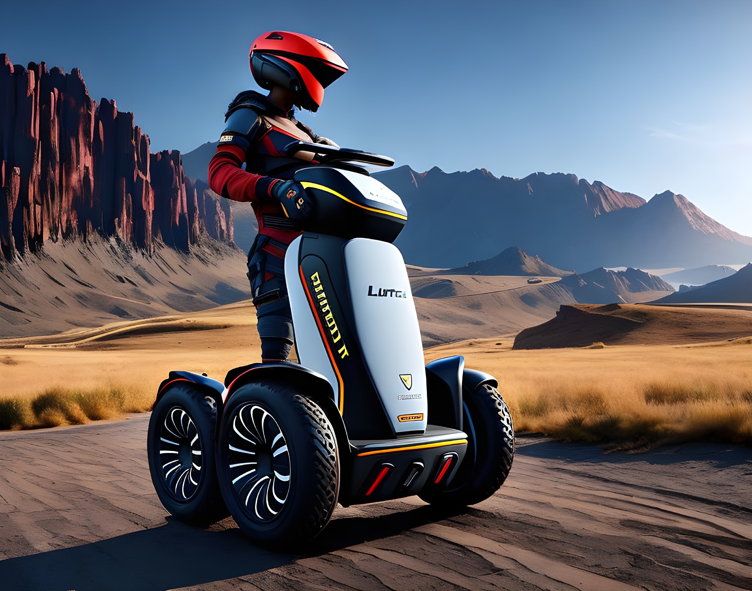 Racing suit person on two-wheeled scooter in desert landscape