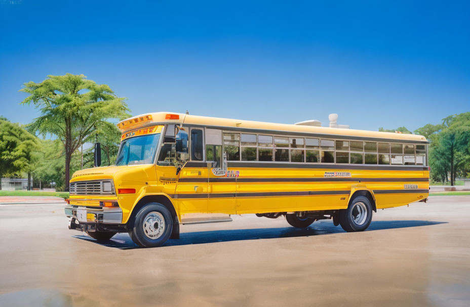 Yellow school bus parked under blue sky with "School Bus" sign and green trees