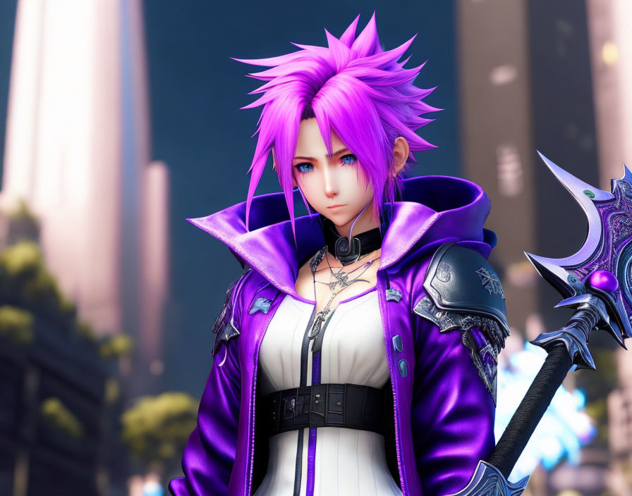 Purple-haired 3D character in detailed outfit wields ornate weapon