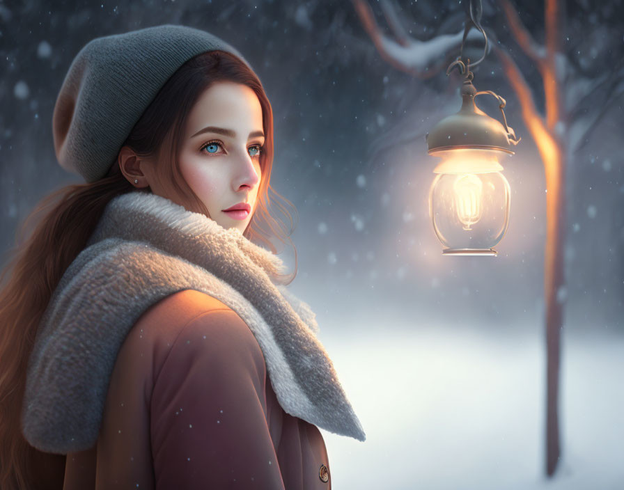 Woman in beret gazes back under lantern light in snowy scene