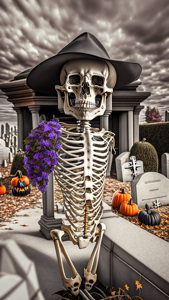 Skeleton with Black Hat Holding Purple Flowers in Graveyard