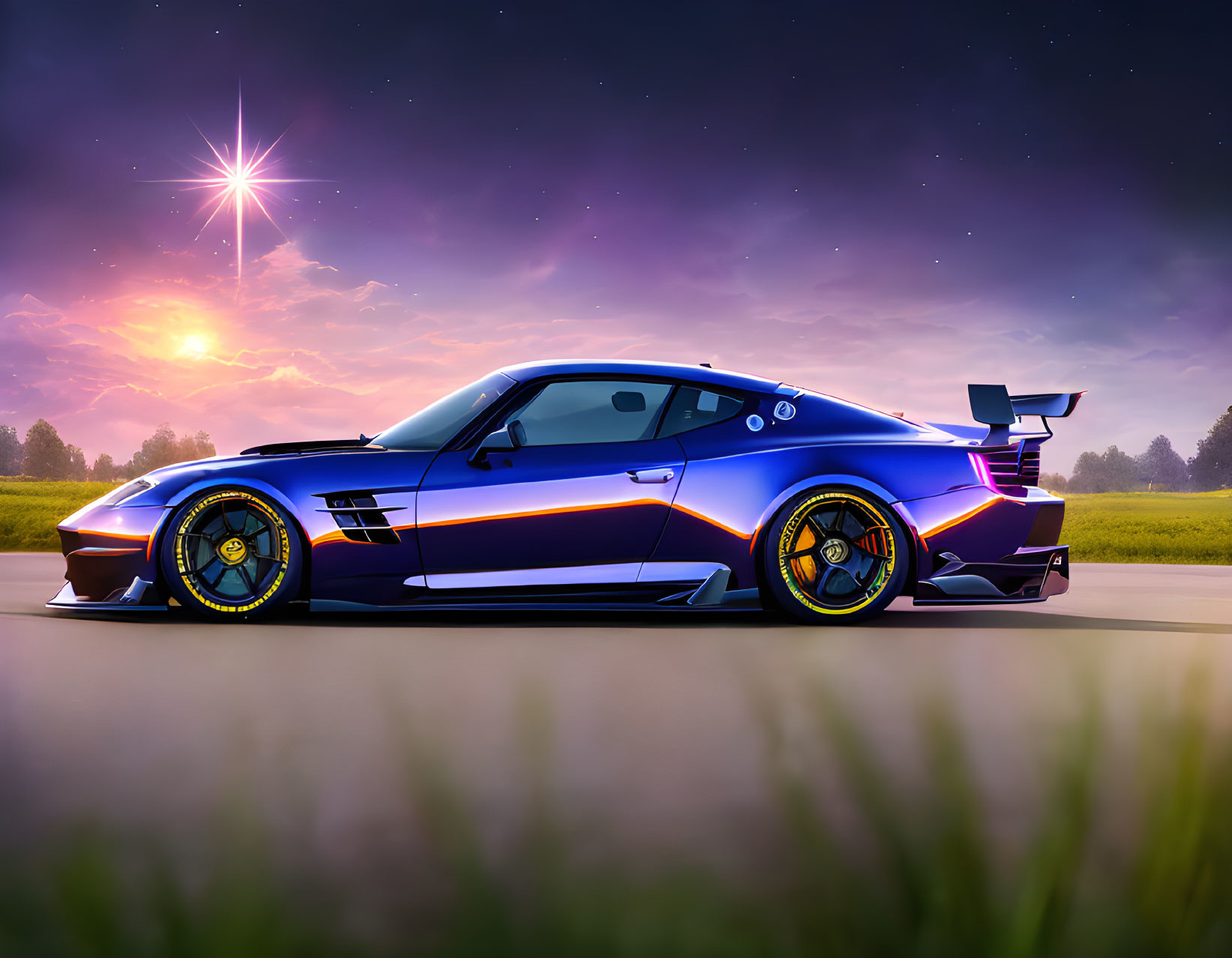 Striking Blue and Purple Sports Car on Asphalt Road at Twilight