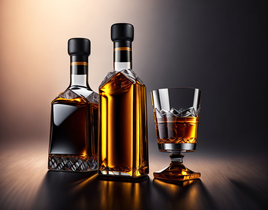 Elegant whiskey bottles and glass on reflective surface