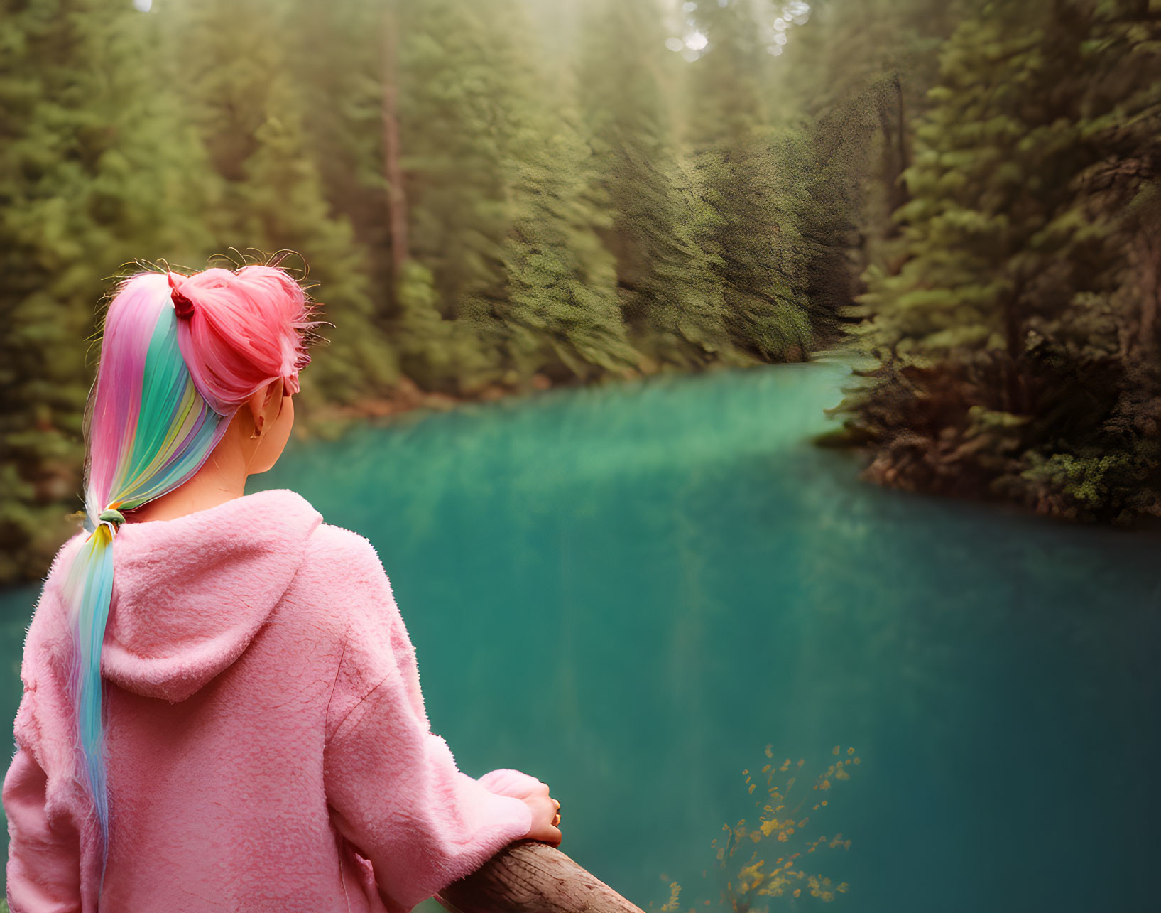 Pink-haired individual in pink jacket by serene river and lush forest