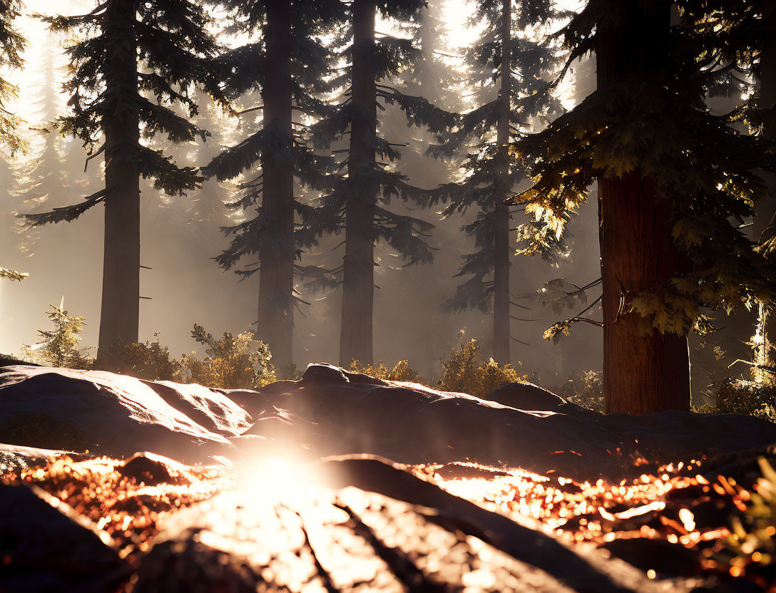 Misty forest scene with sunlight filtering through trees