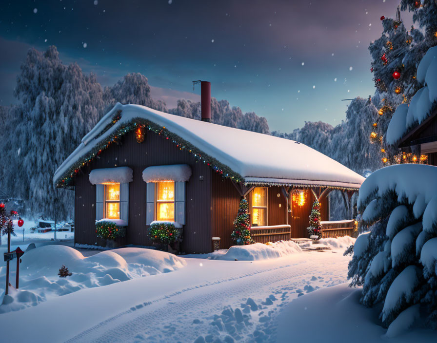 Winter Cottage Decorated with Christmas Lights in Snowy Twilight Scene