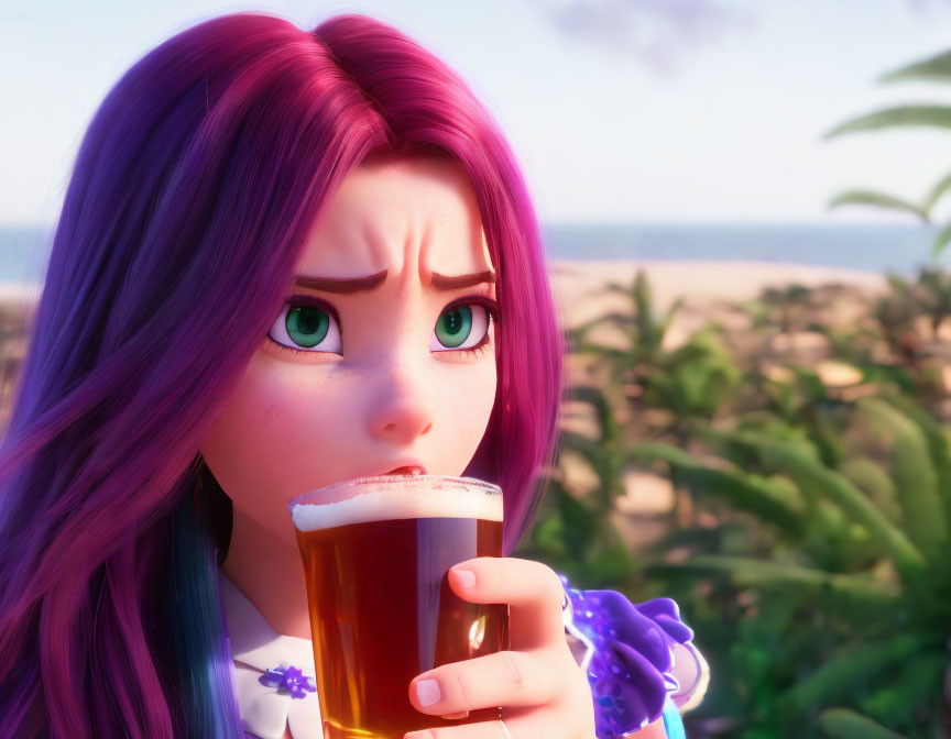 Purple-haired female character with green eyes looking worried holding a glass of amber liquid on beach.