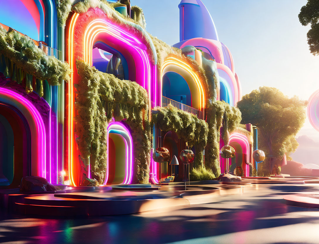 Futuristic cityscape with neon lights, greenery, whimsical architecture