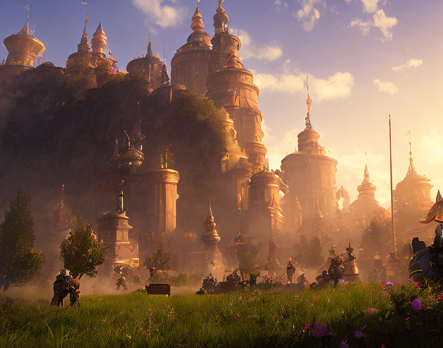 Majestic castles and knights in a fantasy landscape