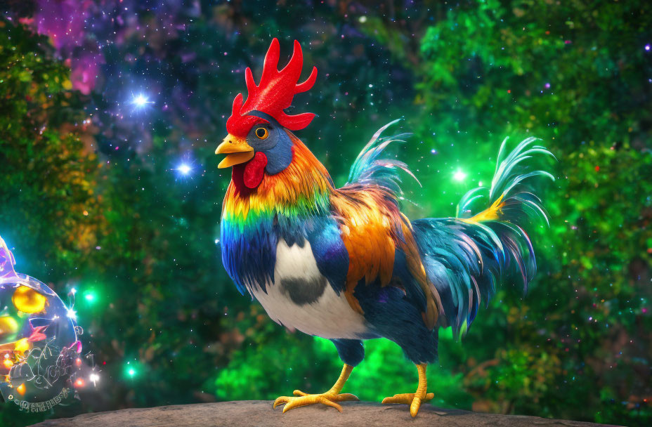 Colorful rooster with glowing orb in magical forest landscape