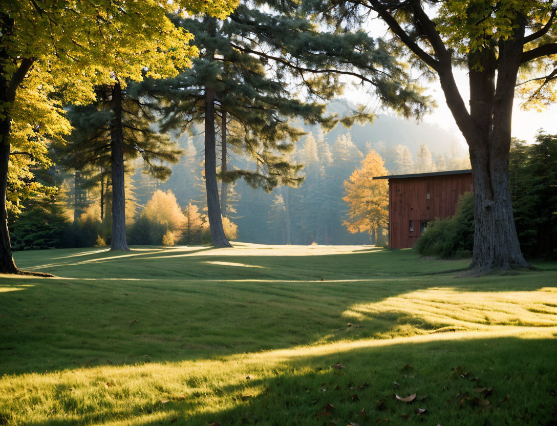 Tranquil forest scene with sunlight filtering through tall trees