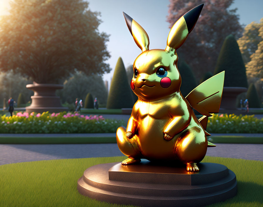 Golden Pikachu statue in park with bushes and people.