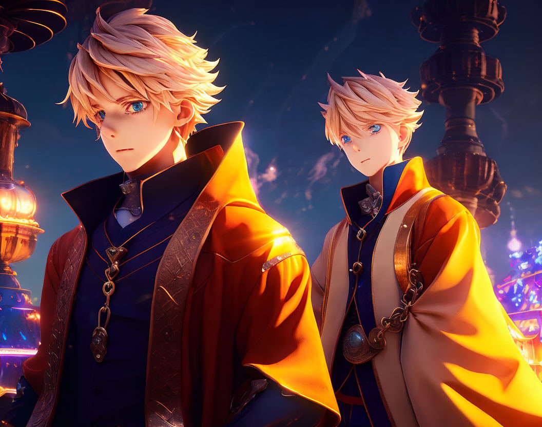 Blond-haired animated characters in regal attire against luminous cityscape