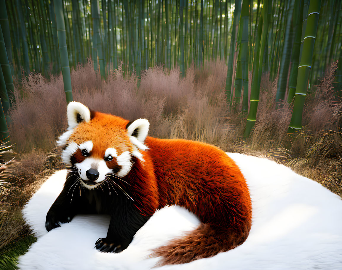 Red panda in snowy bamboo habitat with fluffy fur