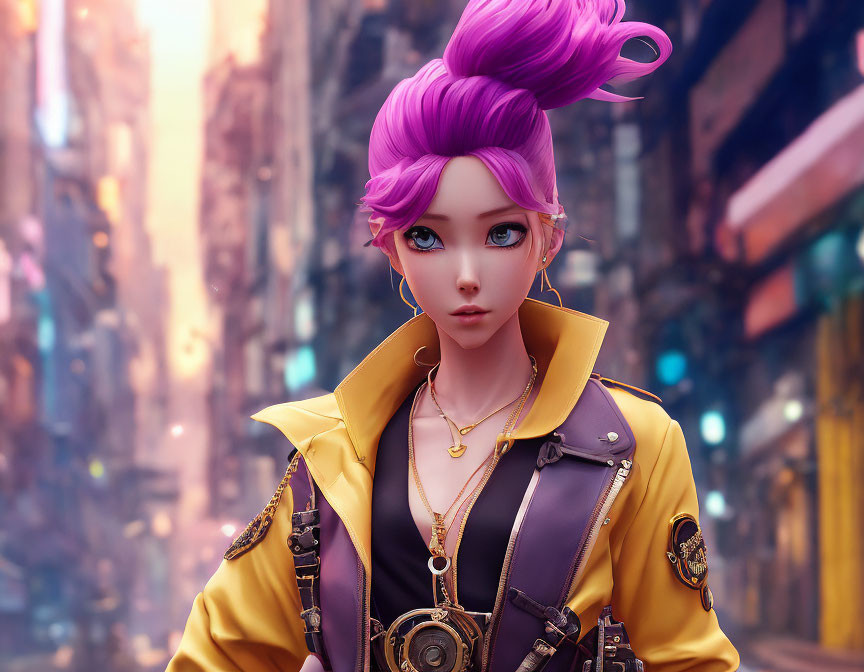 Vibrant Purple-Haired Female Character in Stylish Yellow Jacket