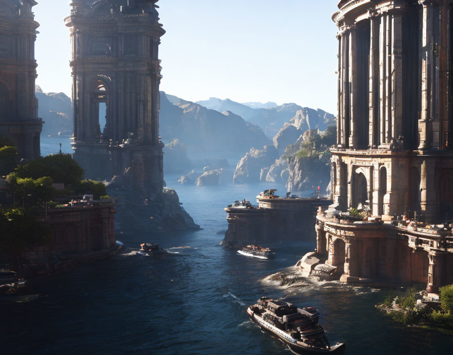 Ancient city with towering structures by waterway, boats, mountains, hazy sky