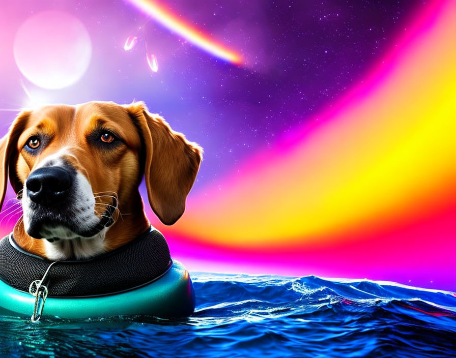 Beagle dog with black collar in cosmic watercolor.