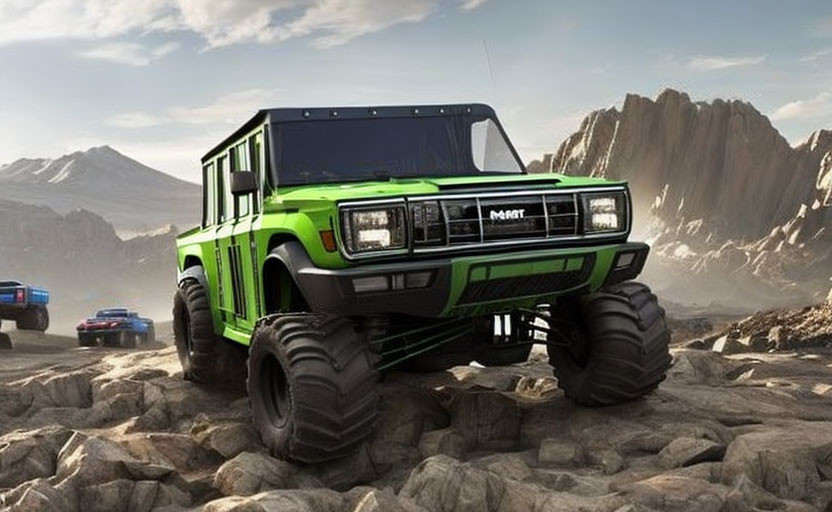 Bright green monster truck conquers rocky terrain with oversized tires in mountainous landscape.