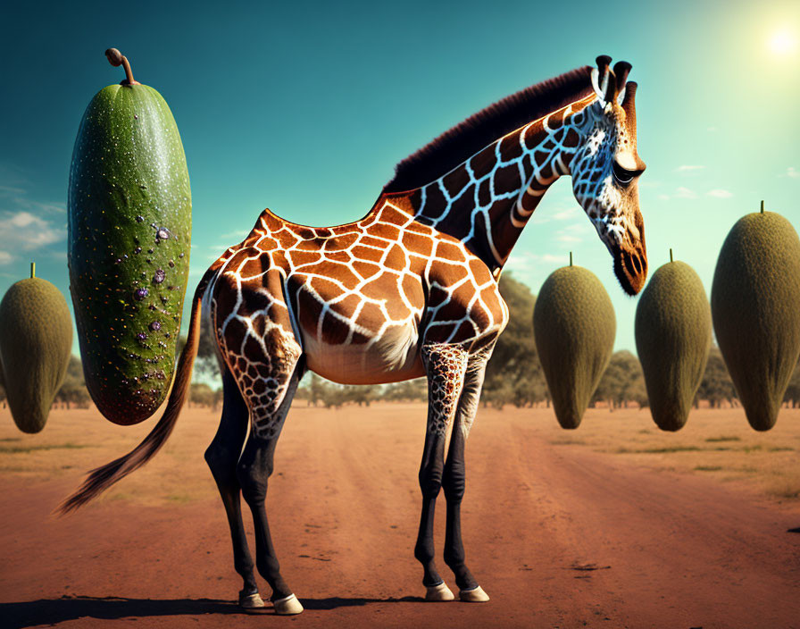 Surreal giraffe with zucchini torso in desert landscape