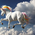 White unicorn with rainbow mane gallops in sky