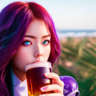 Purple-haired female character with green eyes looking worried holding a glass of amber liquid on beach.