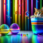 Cat peeking from large popcorn bucket with smaller bowls and soap bubbles on colorful background