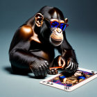 Chimpanzee in Sunglasses with Cards on Blue Surface