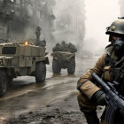 Soldier in gas mask with rifle, military vehicles on snowy street