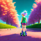 Girl with spiky hair skateboards in vibrant street with magenta trees under purple sky