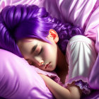 Tranquil illustration of girl with purple hair sleeping on white pillow