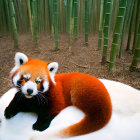 Red panda in snowy bamboo habitat with fluffy fur