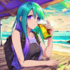 Green-haired animated character drinking beer at beach bar with backpack under sunny sky