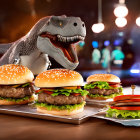 Realistic CGI dinosaur head with burgers on wooden table