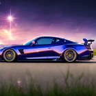 Striking Blue and Purple Sports Car on Asphalt Road at Twilight