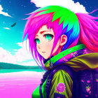 Vibrant green and pink haired animated character in serene lake setting