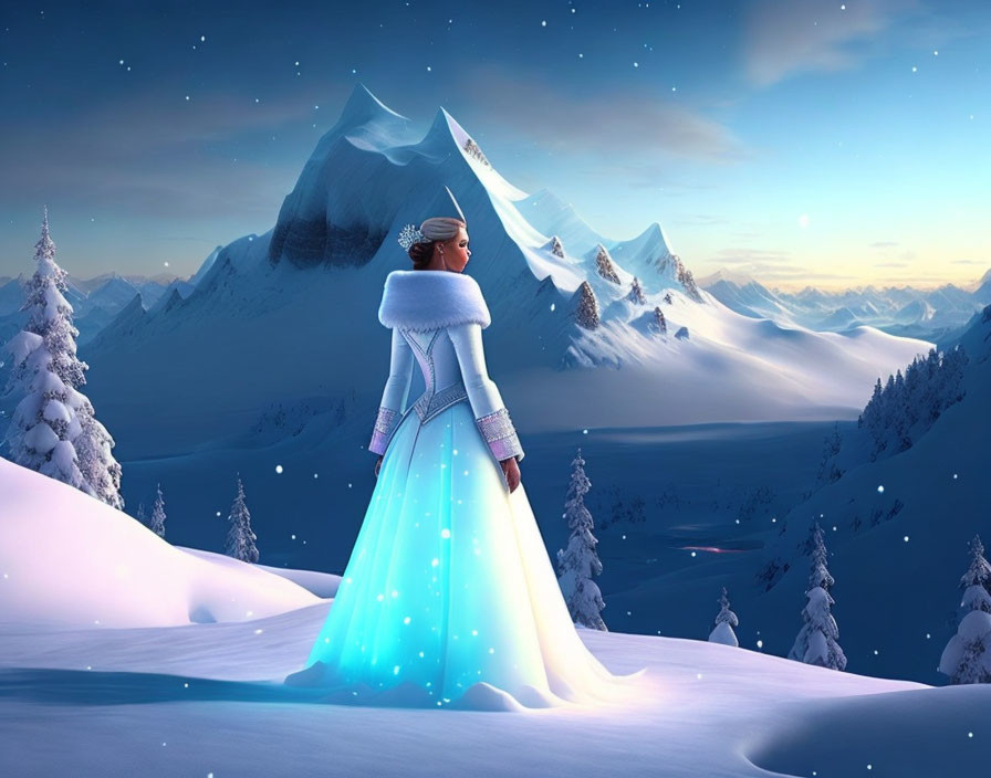 Animated woman in glowing blue dress and fur cape against snowy mountains and winter landscape