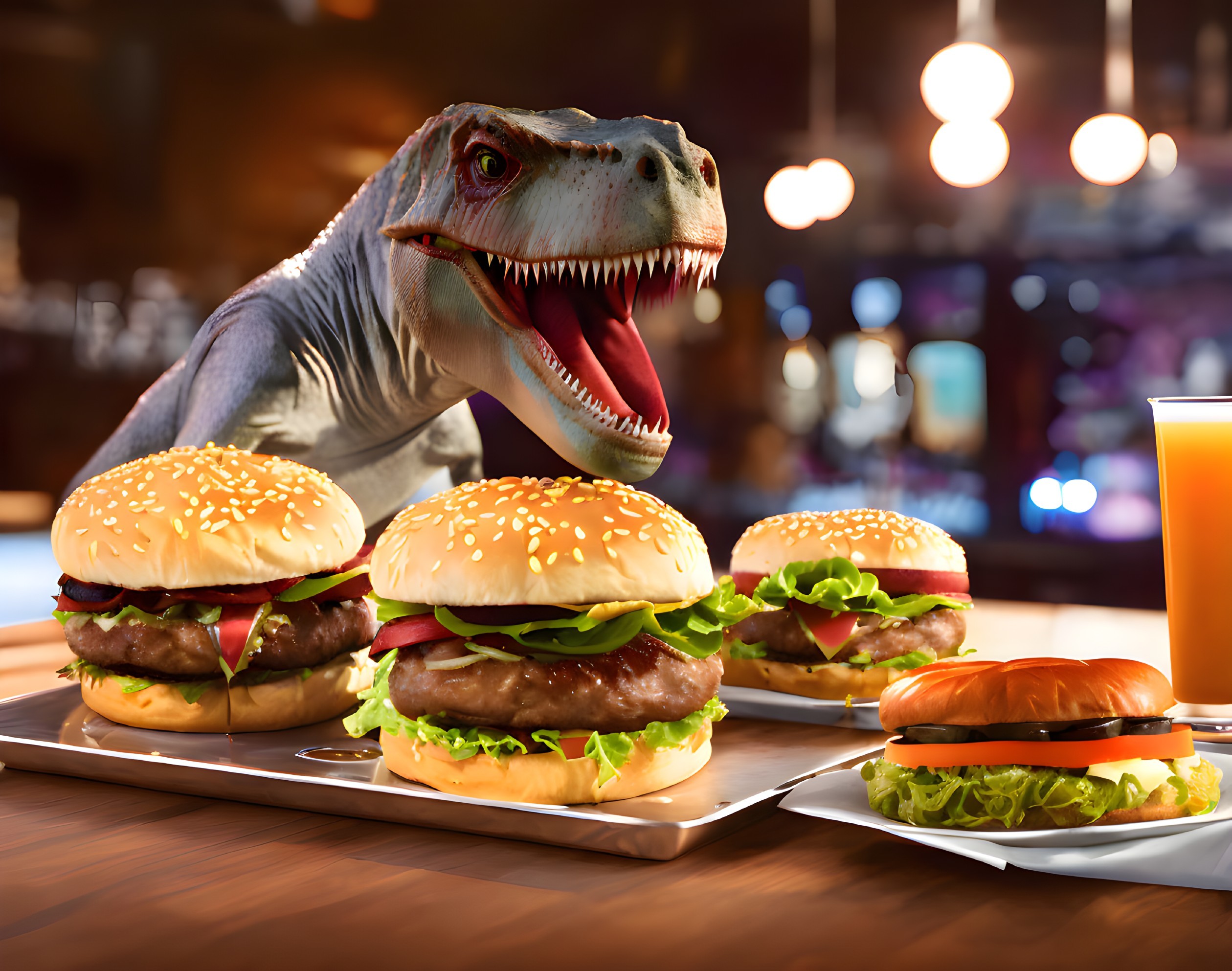 Realistic CGI dinosaur head with burgers on wooden table