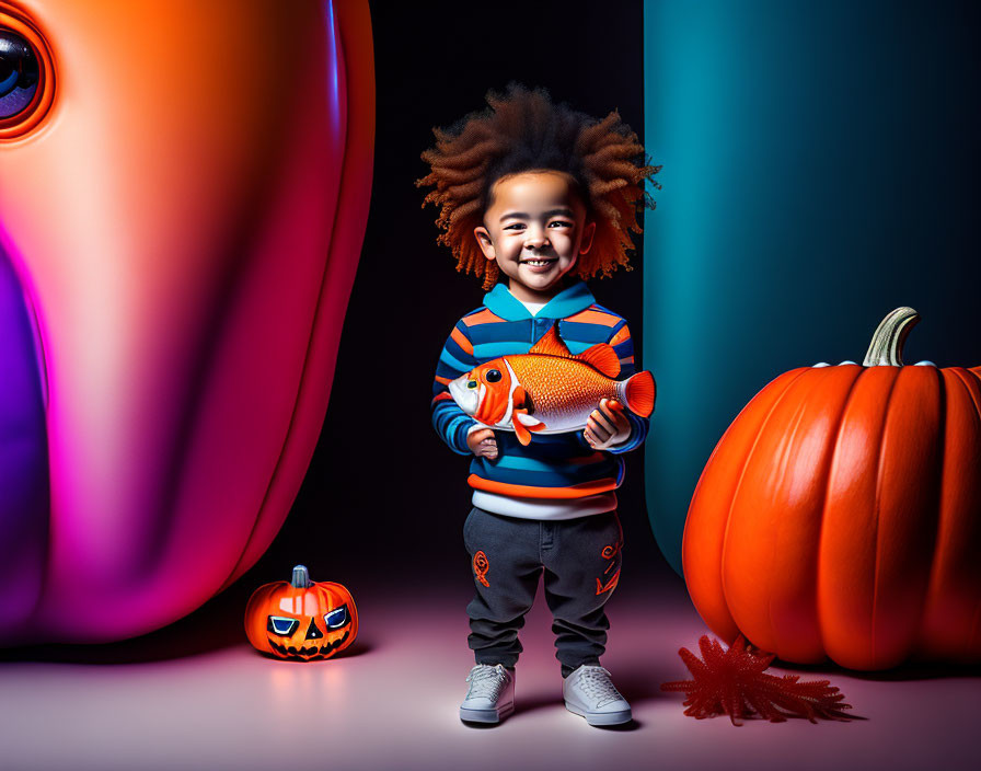 Colorful sweater child with toy fish near pumpkin and Halloween decorations