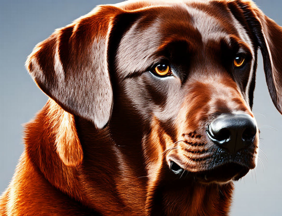 Brown dog with glossy fur and amber eyes in close-up portrait.