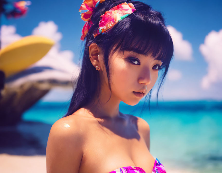 Woman with floral headpiece on sunny beach with surfboard.