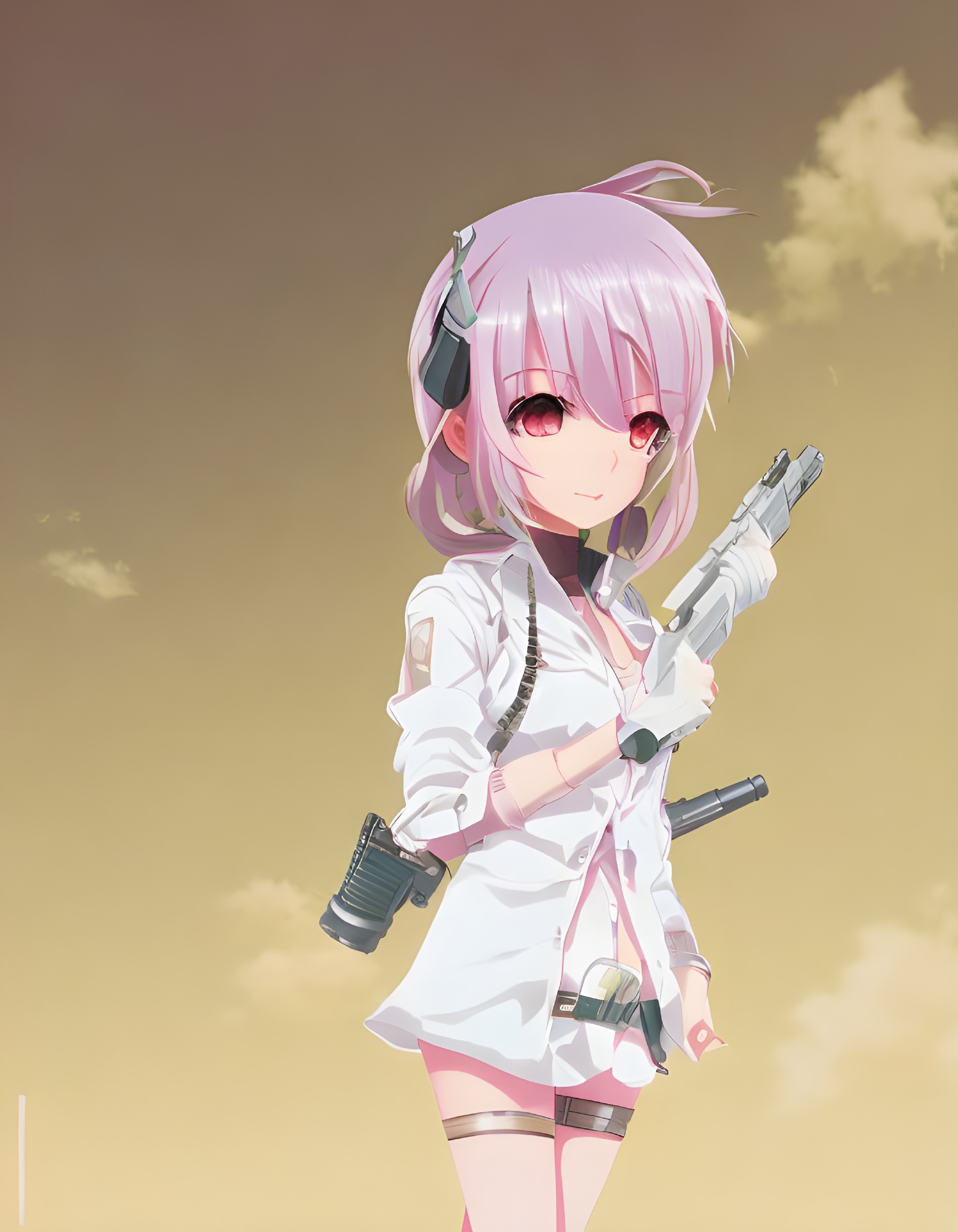 Anime girl with pink hair in headphones, white outfit, gloves, and camera against cloudy sky.