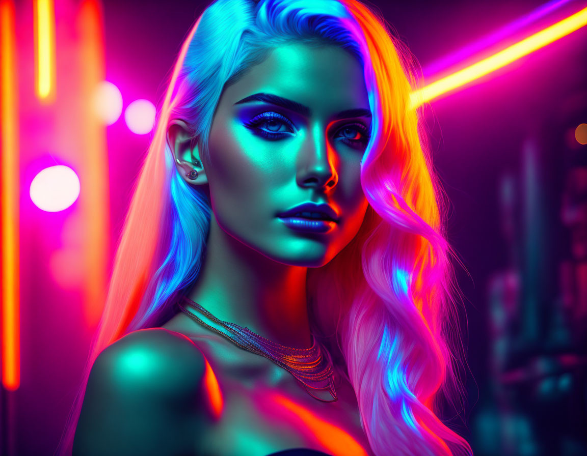 Glowing neon makeup and hair under pink and blue lights