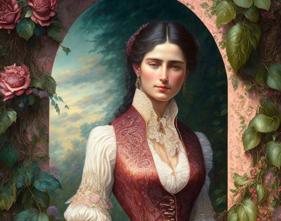 Portrait of Woman in Red and White Period Dress Surrounded by Greenery