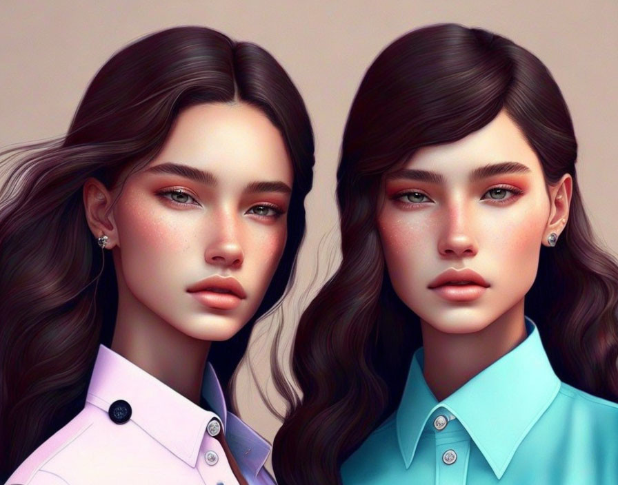 Identical twin girls digital artwork with wavy hair and detailed facial features