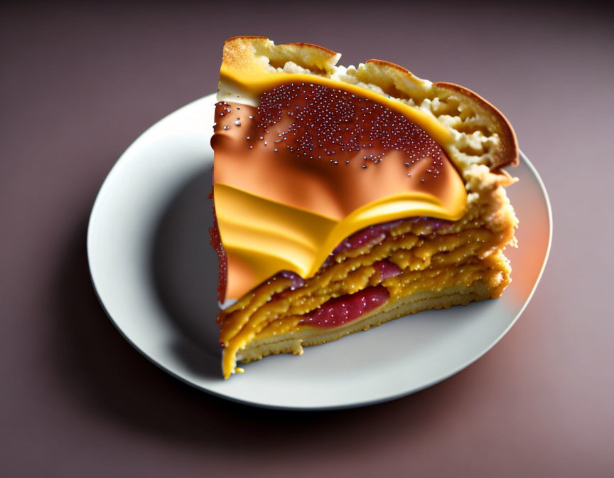 Digital artwork: Slice of pie with cheese, crust, and fruit textures on plate