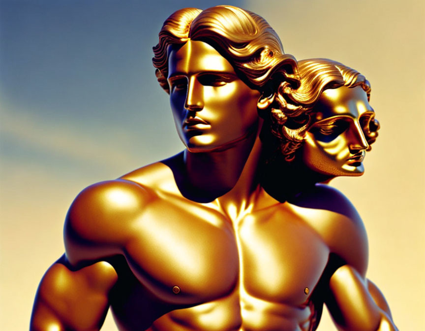 Golden double-faced male bust with defined muscles and classical hairstyles in digital art