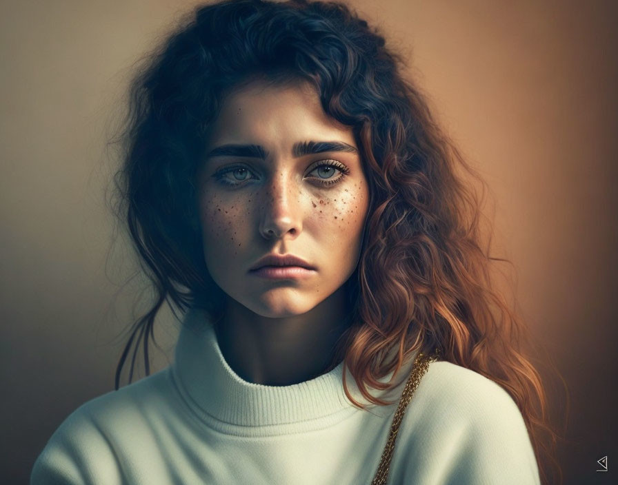 Young woman with curly hair and freckles in white turtleneck portrait.