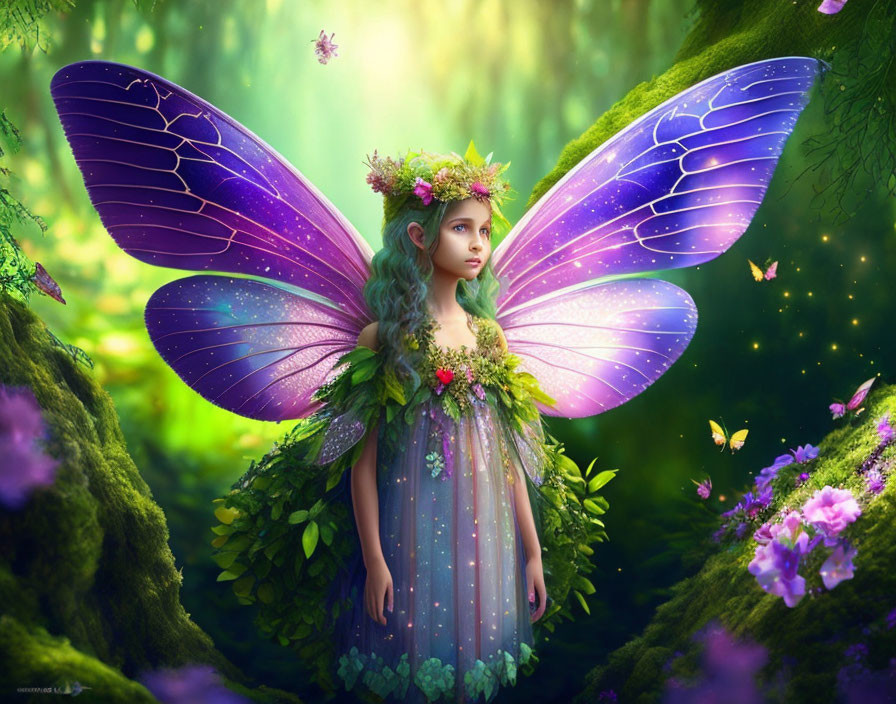 Fantasy illustration: Girl with purple butterfly wings in enchanted forest